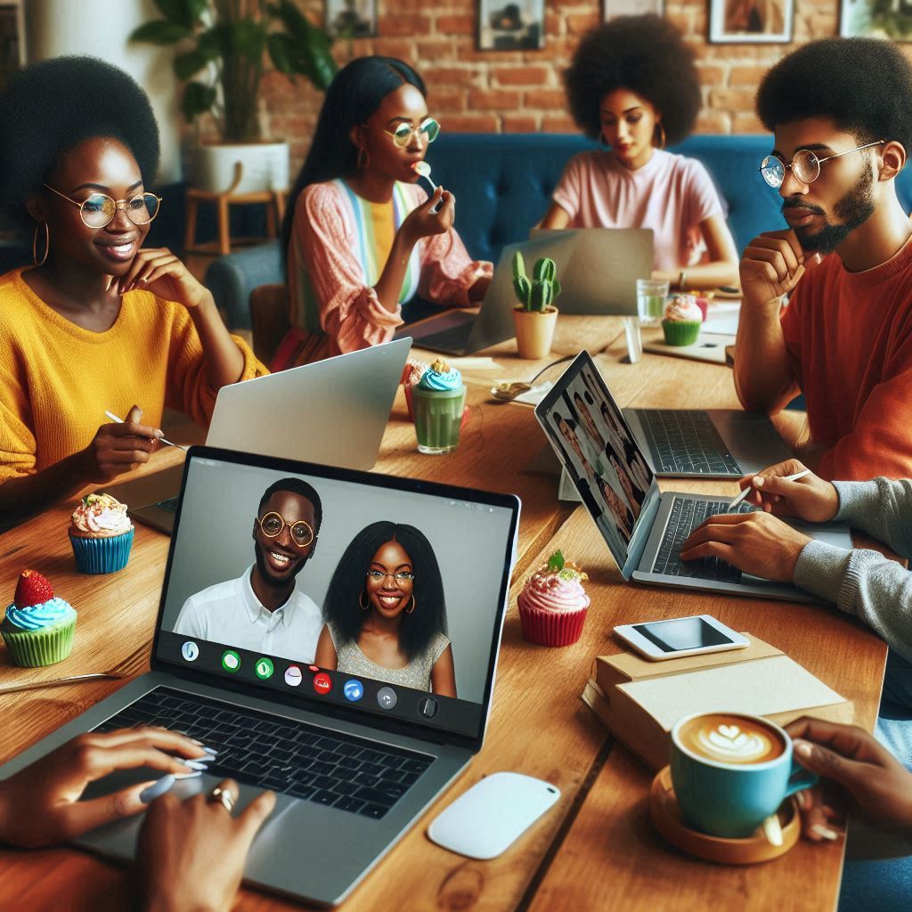 Remote workers with high-in-demand tech skill working in a workspace setting. One is having a Google meet call, while others are working in front of their laptops.